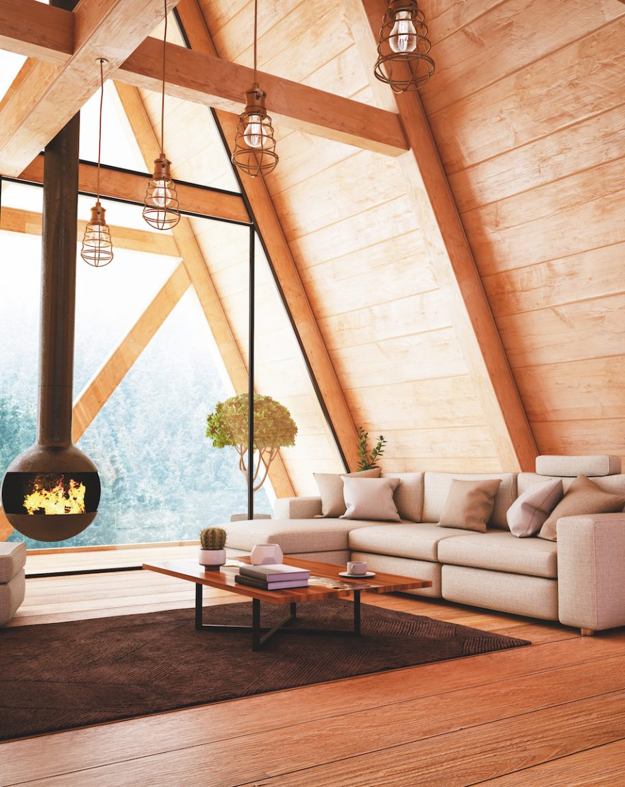 Wooden interior with funiture and fireplace